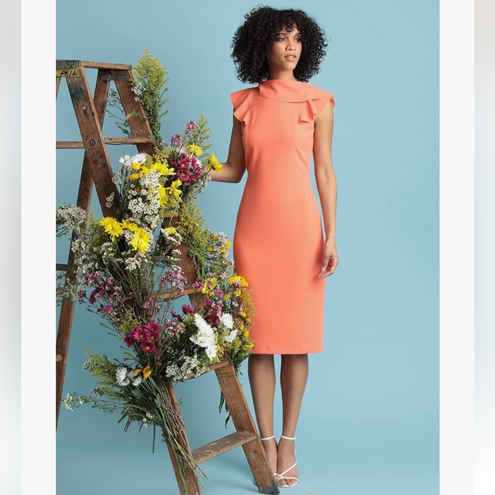 NWT Maggy London Coral Orange Living Ruffle Sleeve Midi Dress 8 $298